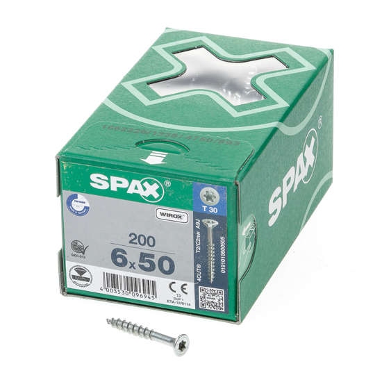 Afbeeldingen van Spax Spaanplaatschroef platverzonken kop verzinkt T-Star T30 deeldraad 6.0x50mm (per 200 stuks)