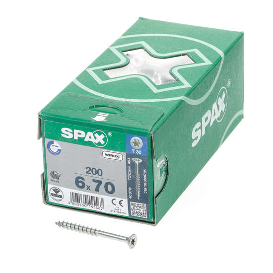 Afbeeldingen van Spax Spaanplaatschroef platverzonken kop verzinkt T-Star T30 deeldraad 6.0x70mm (per 200 stuks)