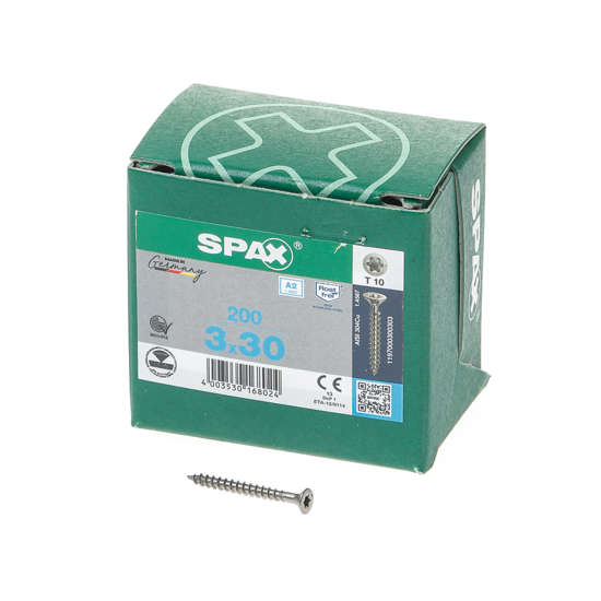 Afbeeldingen van Spax Spaanplaatschroef platverzonken kop RVS T-Star T10 voldraad 3.0x30mm (per 200 stuks)