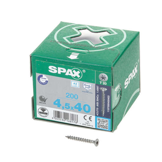 Afbeeldingen van Spax Spaanplaatschroef platverzonken kop RVS T-Star T20 voldraad 4.5x40mm (per 200 stuks)