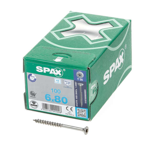 Afbeeldingen van Spax Spaanplaatschroef platverzonken kop RVS T-Star T30 deeldraad 6.0x80mm (per 100 stuks)