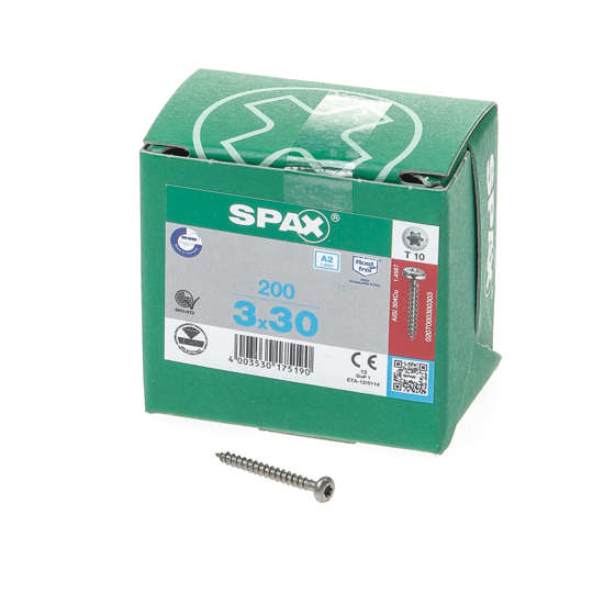 Afbeeldingen van Spax Spaanplaatschroef cilinderkop RVS T-Star T10 3.0x30mm (per 200 stuks)