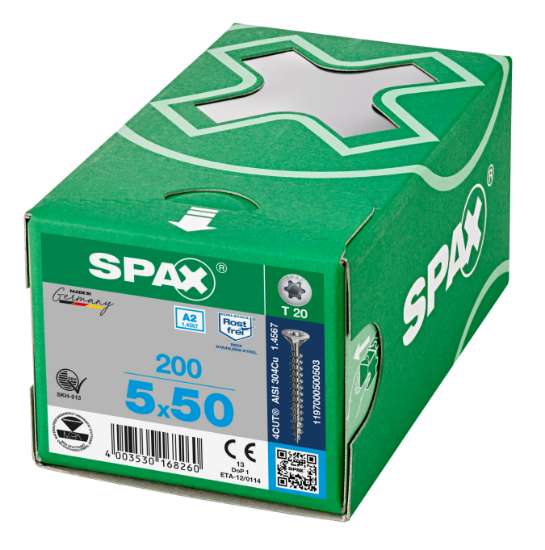 Afbeeldingen van Spax Spaanplaatschroef platverzonken kop RVS T-Star T20 voldraad 5.0x50mm (per 200 stuks)