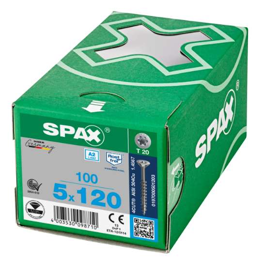 Afbeeldingen van Spax Spaanplaatschroef platverzonken kop RVS T-Star T20 deeldraad 5.0x120mm (per 100 stuks)