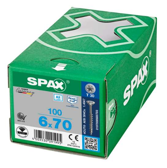 Afbeeldingen van Spax Spaanplaatschroef platverzonken kop RVS T-Star T30 deeldraad 6.0x70mm (per 100 stuks)