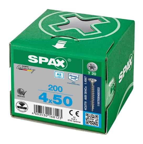 Afbeeldingen van Spax Spaanplaatschroef platverzonken kop RVS T-Star T20 voldraad 4.0x50mm (per 200 stuks)