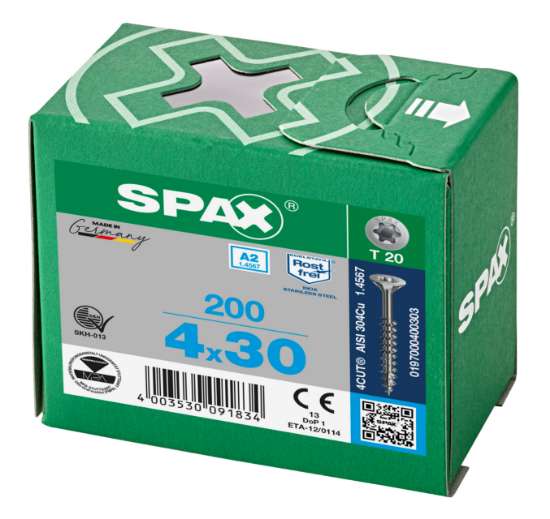 Afbeeldingen van Spax Spaanplaatschroef platverzonken kop RVS T-Star T20 deeldraad 4.0x30mm (per 200 stuks)