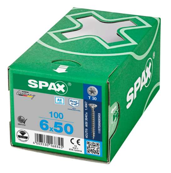 Afbeeldingen van Spax Spaanplaatschroef platverzonken kop RVS T-Star T30 voldraad 6.0x50mm (per 100 stuks)