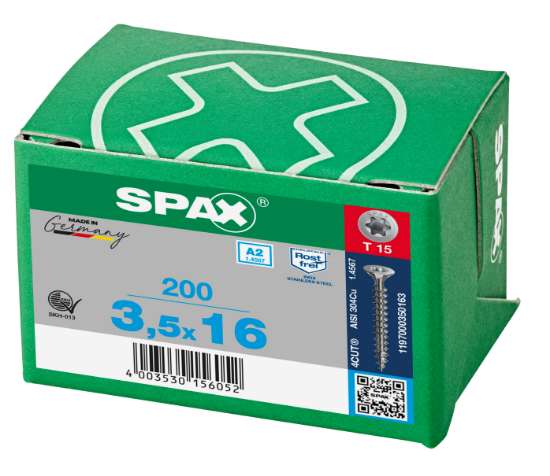 Afbeeldingen van Spax Spaanplaatschroef platverzonken kop RVS T-Star T15 voldraad 3.5x16mm (per 200 stuks)