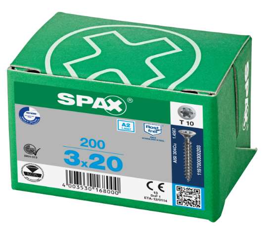 Afbeeldingen van Spax Spaanplaatschroef platverzonken kop RVS T-Star T10 voldraad 3.0x20mm (per 200 stuks)