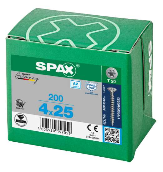 Afbeeldingen van Spax Spaanplaatschroef platverzonken kop RVS T-Star T20 voldraad 4.0x25mm (per 200 stuks)