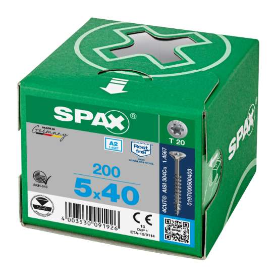 Afbeeldingen van Spax Spaanplaatschroef platverzonken kop RVS T-Star T20 deeldraad 5.0x40mm (per 200 stuks)