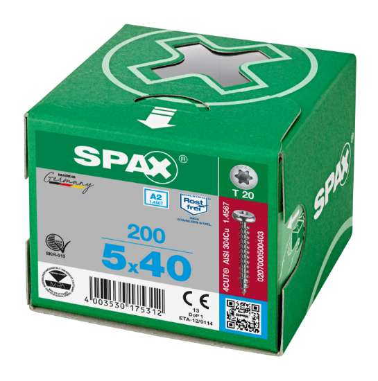 Afbeeldingen van Spax Spaanplaatschroef cilinderkop RVS T-Star T20 5.0x40mm (per 200 stuks)